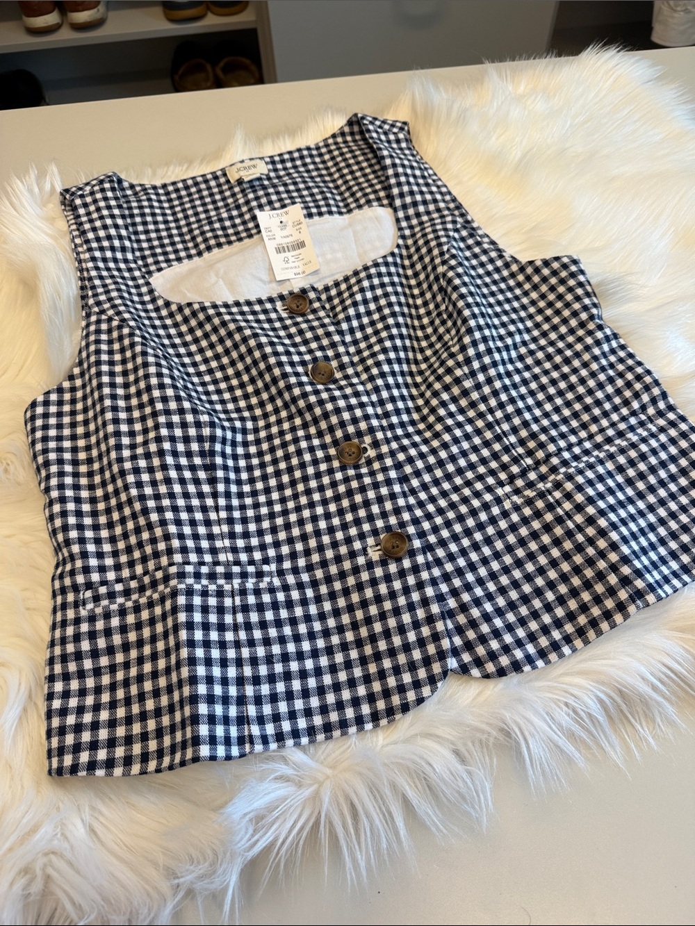 NWT J Crew Factory Gingham Button Front Top - Navy & White